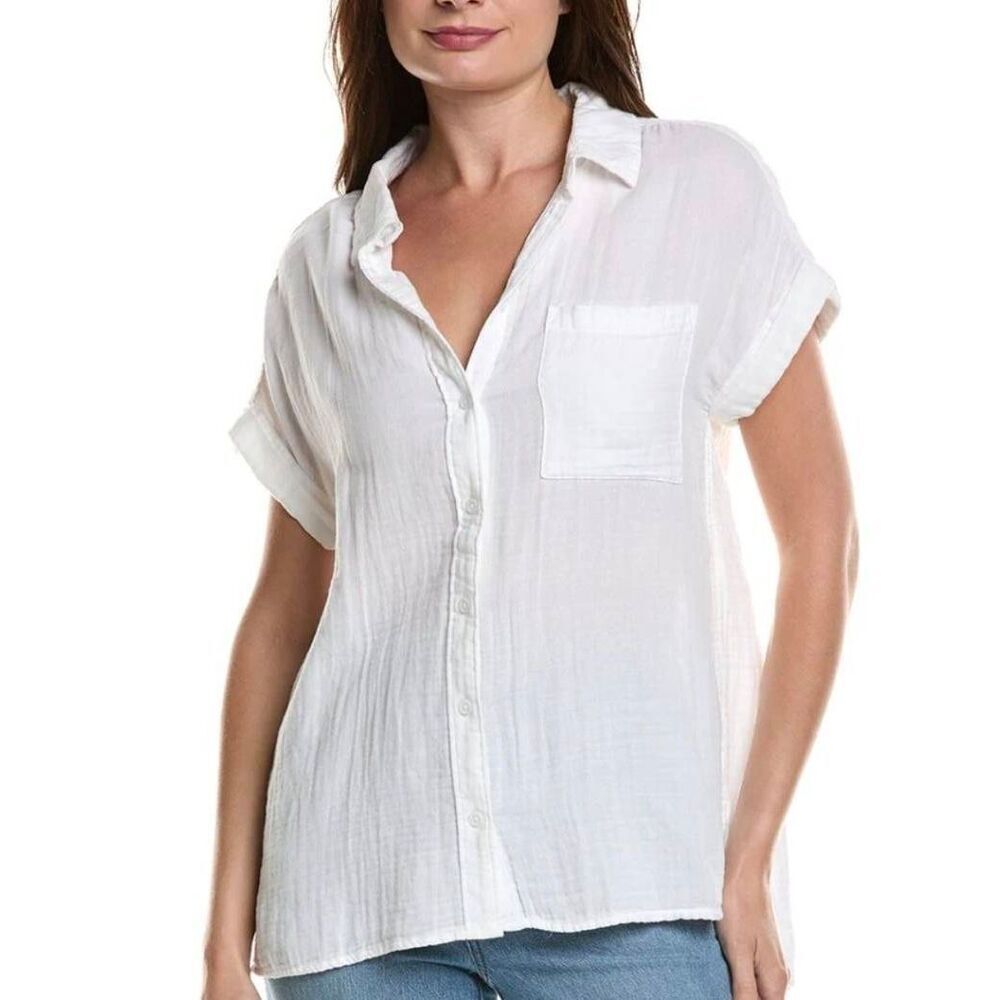 Lola River Women's Tabby White Cotton/Tencel Button Front Cuffed Short Sleeves T